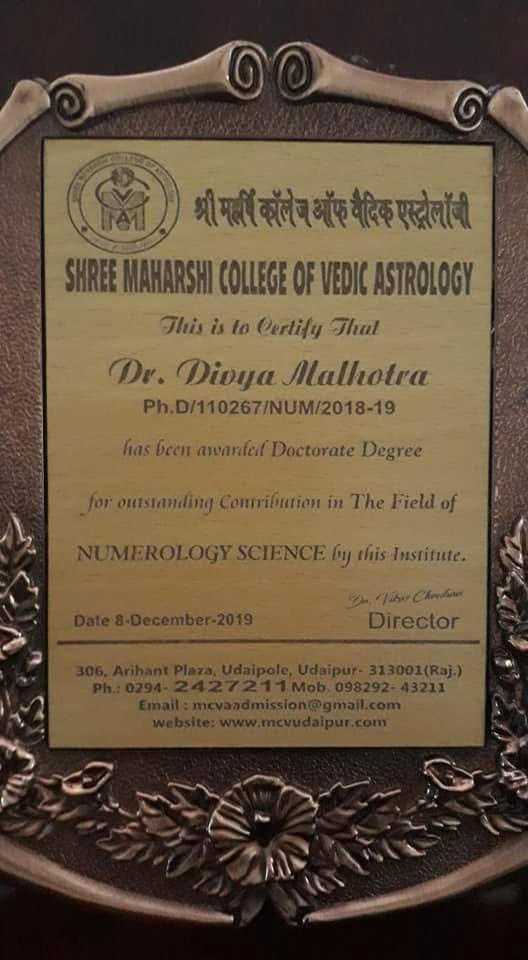 Dr. Divya Malhotra Doctorate Certificate